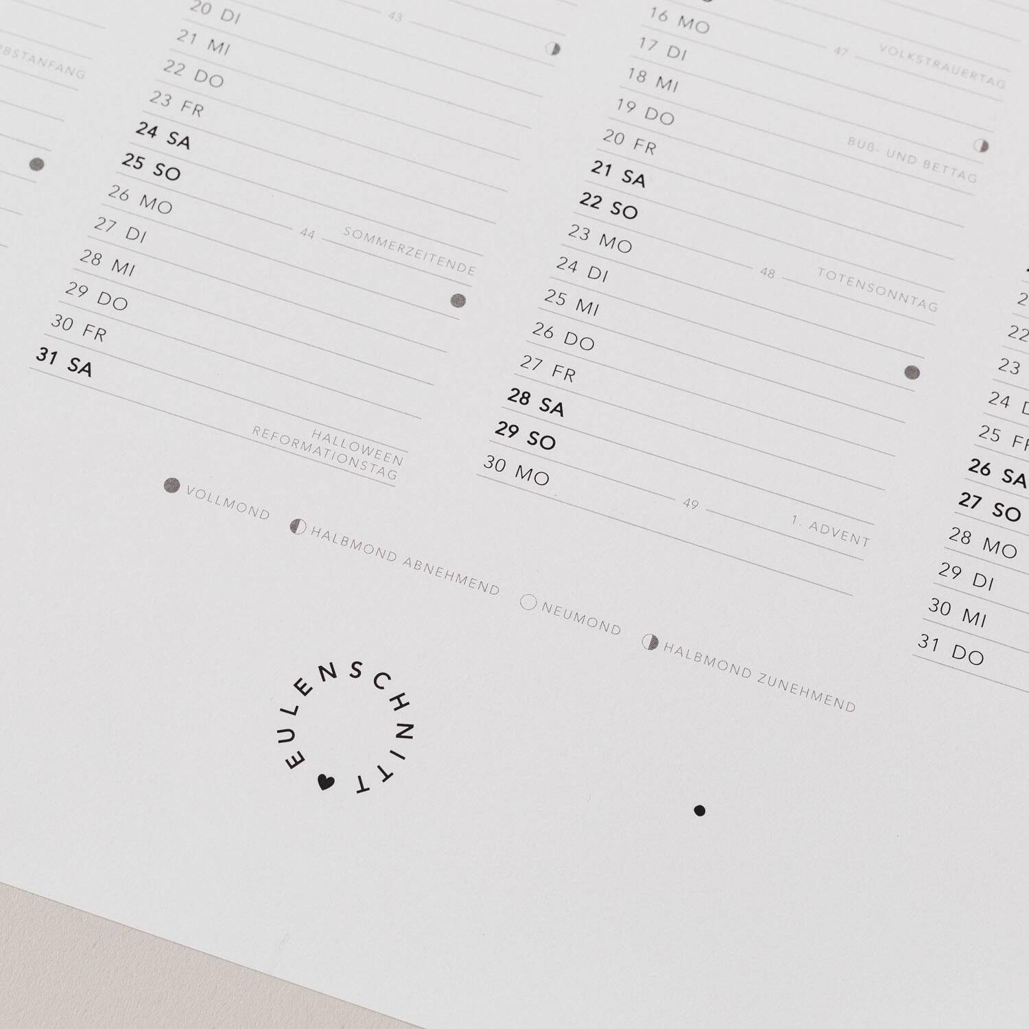 Wandkalender 2026 - 29,7x84 cm (Weiß) Eulenschnitt