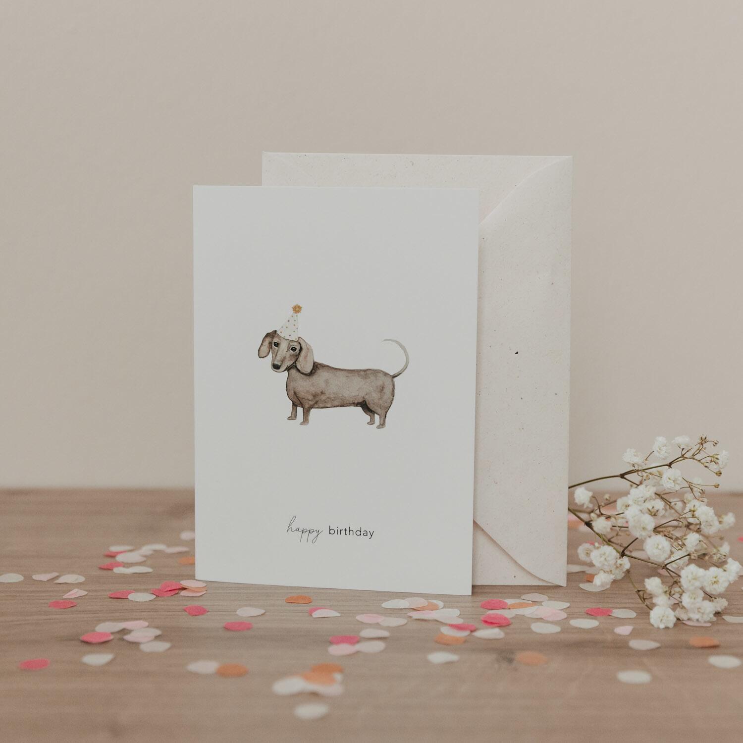 Klappkarte "Geburtstagsdackel" - 10,5x14,8 cm (Weiß/Braun)