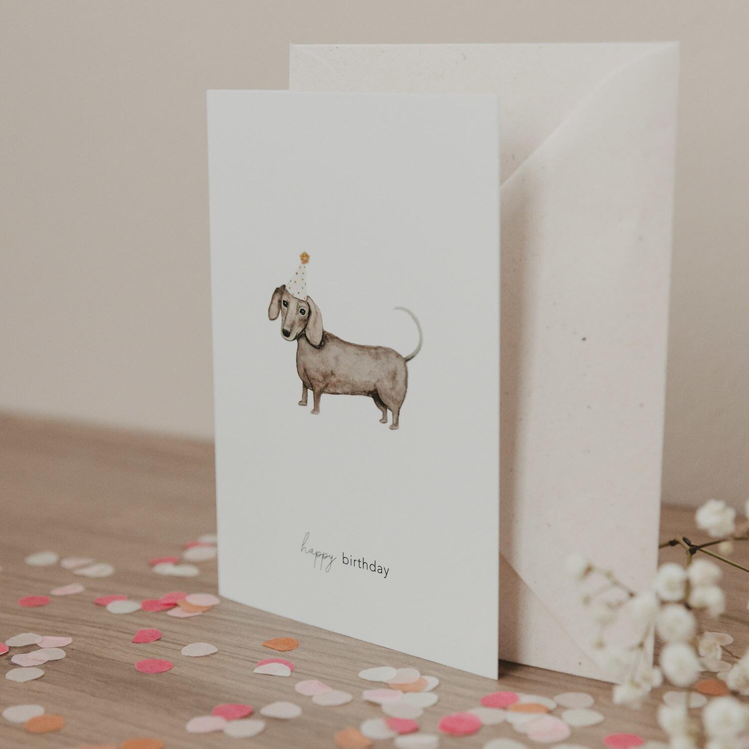 Klappkarte "Geburtstagsdackel" - 10,5x14,8 cm (Weiß/Braun)