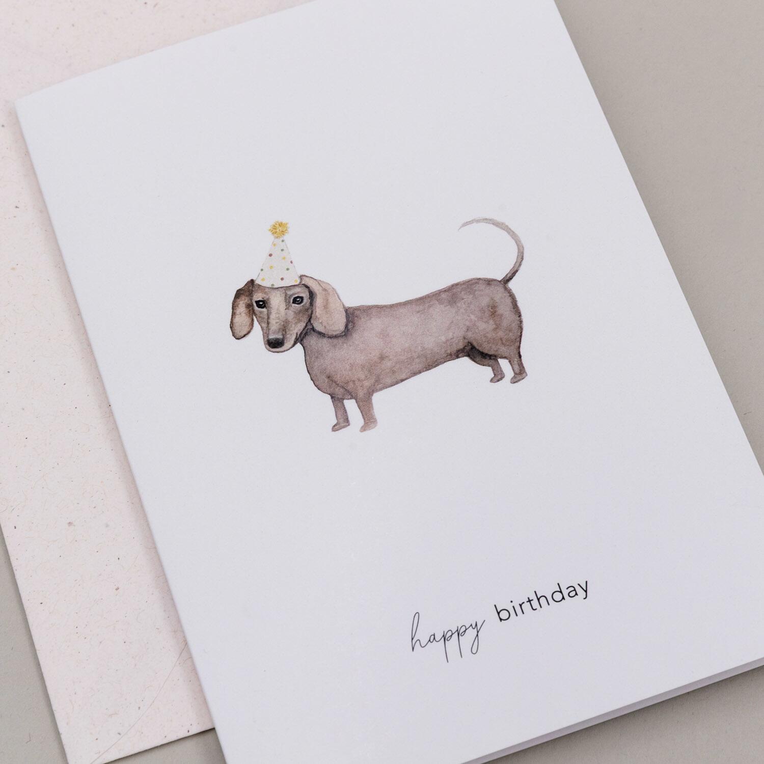 Klappkarte "Geburtstagsdackel" - 10,5x14,8 cm (Weiß/Braun)