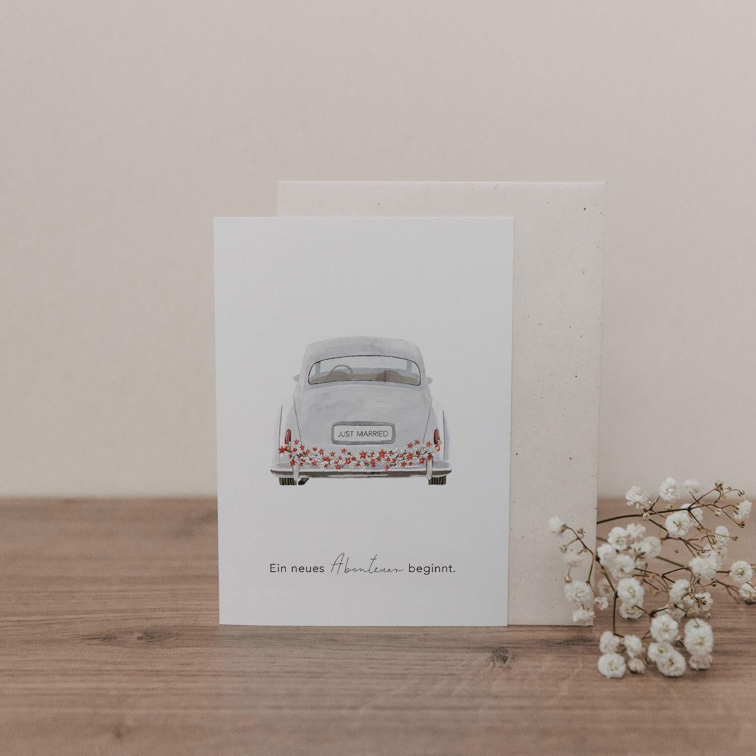 Klappkarte "Hochzeitsauto" - 10,5x14,8 cm (Weiß)