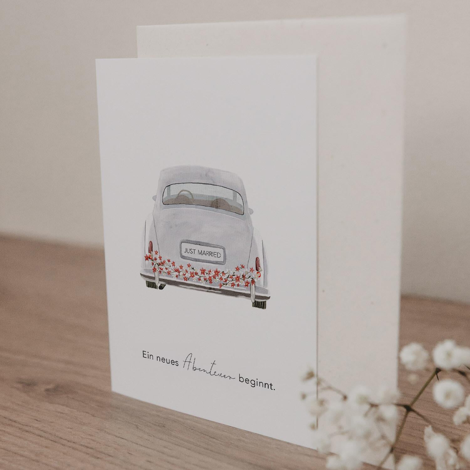 Klappkarte "Hochzeitsauto" - 10,5x14,8 cm (Weiß)