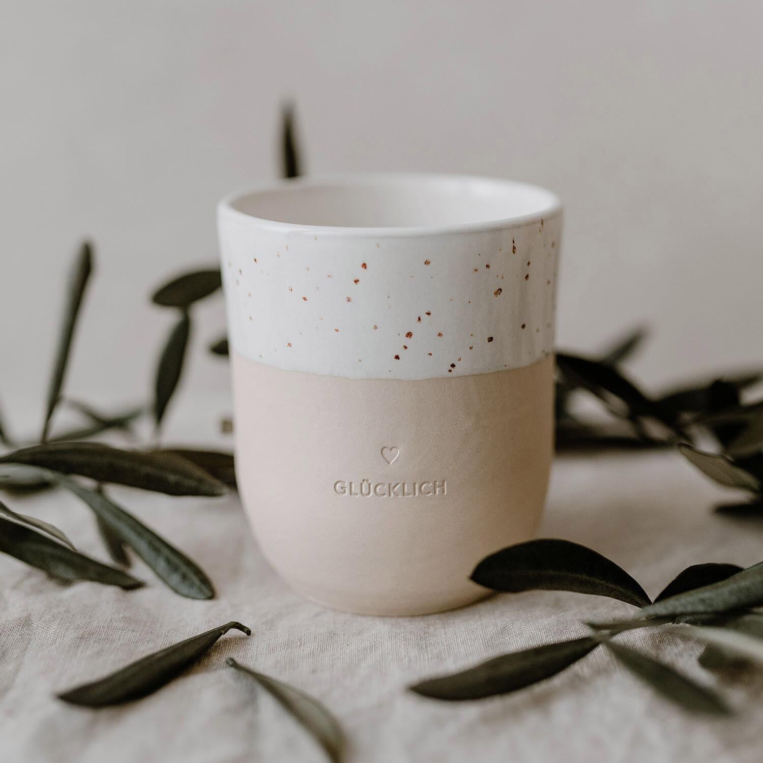 Becher "Glücklich" - 320 ml (Natur) Eulenschnitt