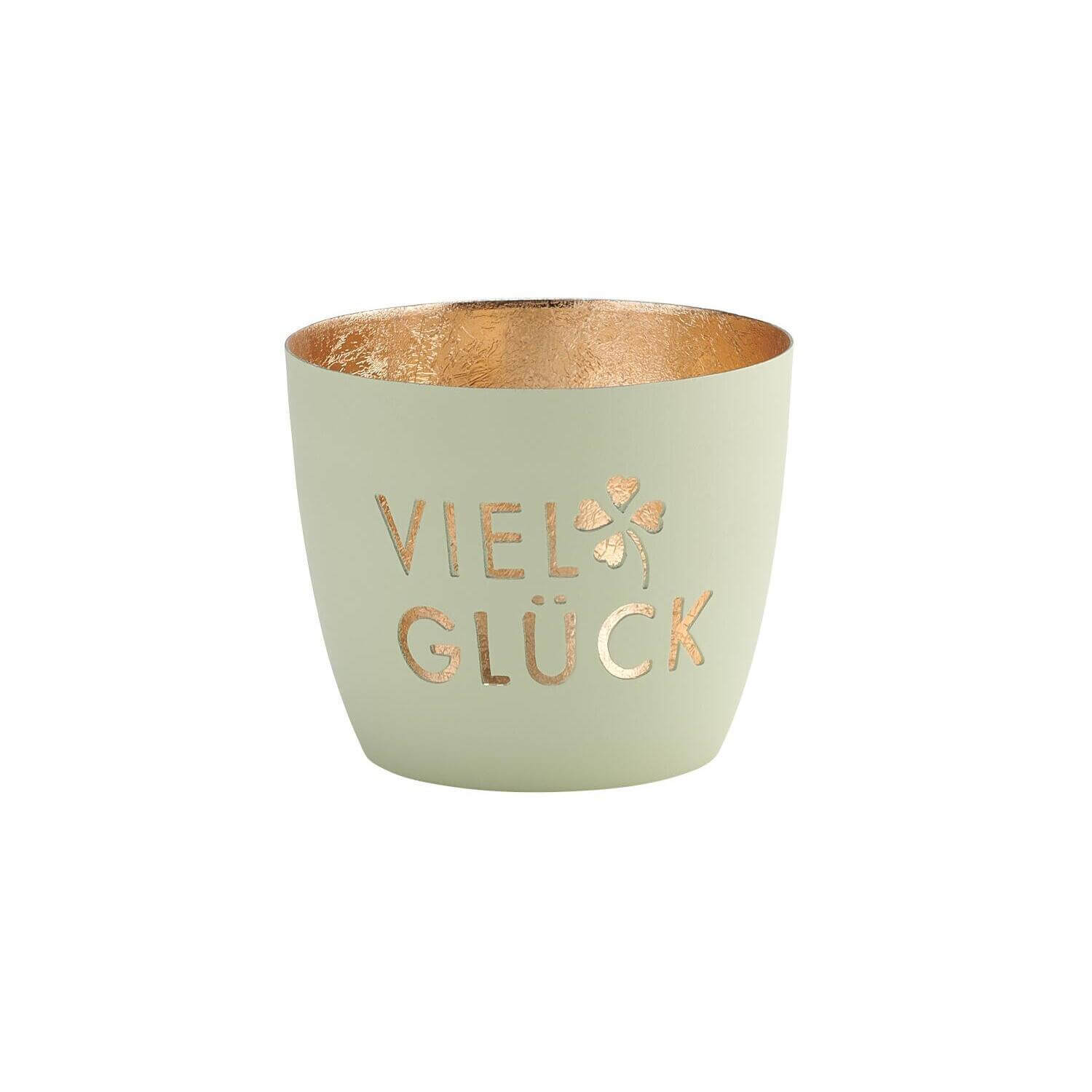 Windlicht "Viel Glück" - M (Pastellgrün/Gold)