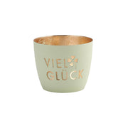 Windlicht "Viel Glück" - M (Pastellgrün/Gold)