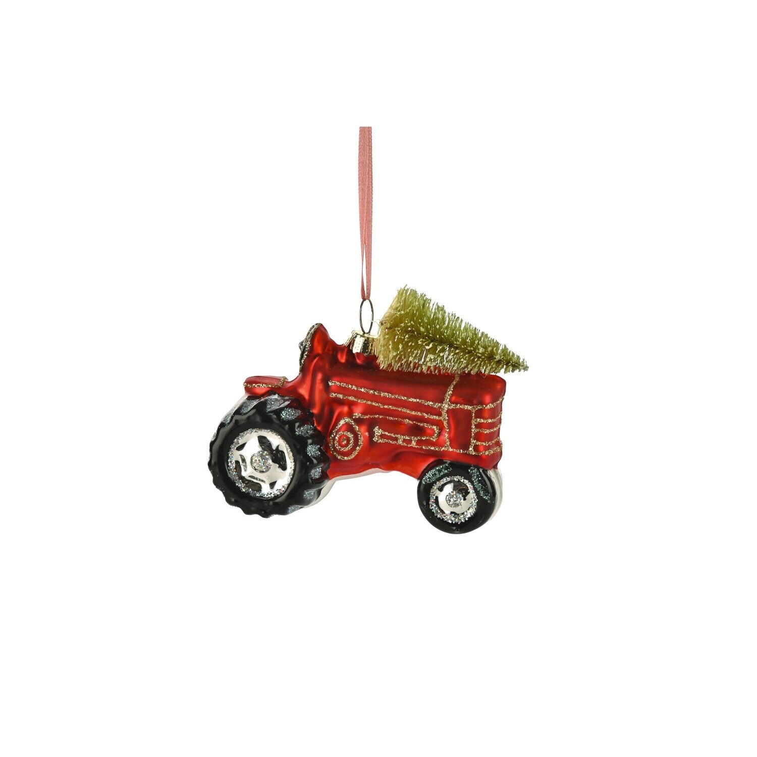 Roter Traktor-Weihnachtsbaumschmuck mit kleinem Tannenbaum zum Aufhängen