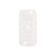 Hohes Trinkglas mit gelaserter Aufschrift, geriffelte Flasche-Optik, milchig transparent