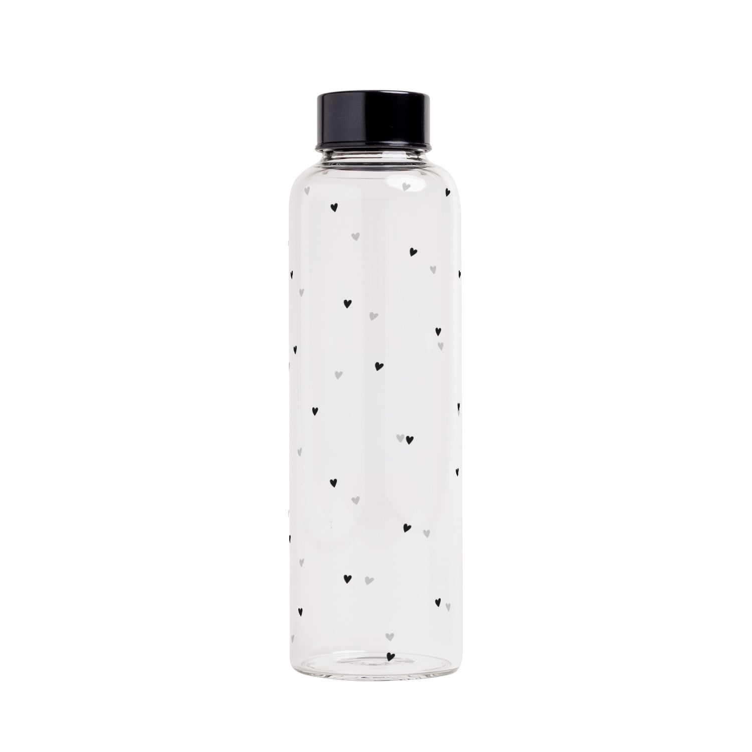 Transparente Trinkflasche mit schwarzen Herzchen und schwarzem Deckel, 750 ml