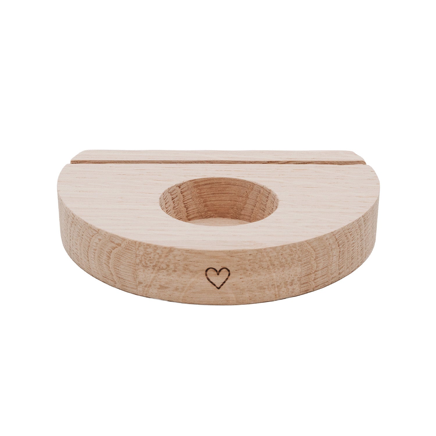 Teelicht-Kartenhalter aus hellem Holz mit runder Kerzenöffnung und Herz-Detail