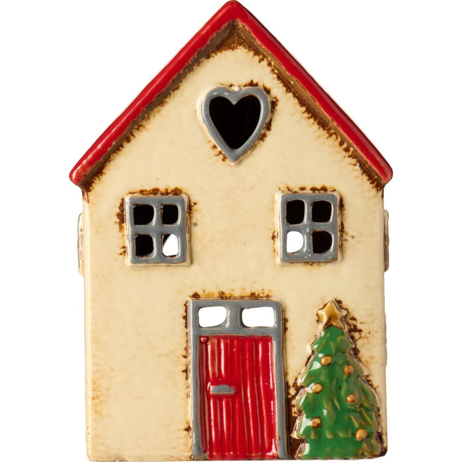 Ib Laursen Haus für Teelicht "Stillenat  - rotes Dach und Tannenbaum" - 9,7x7,3x14 cm (Beige/Rot/Grün) Ib Laursen