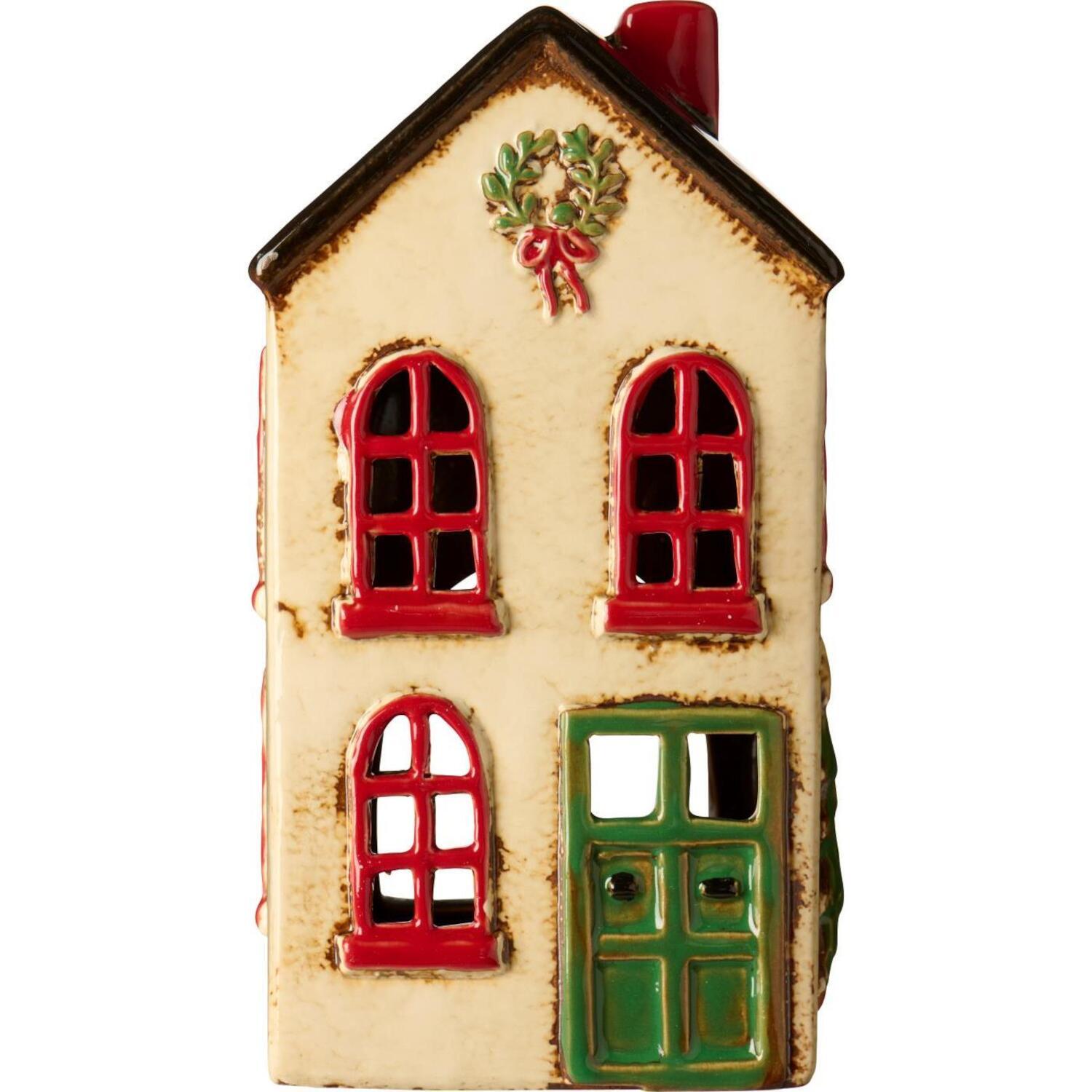 Ib Laursen Haus für Teelicht "Stillenat - Tür und Kranz" - 10x7,7x19 cm (Beige/Rot/Grün) Ib Laursen