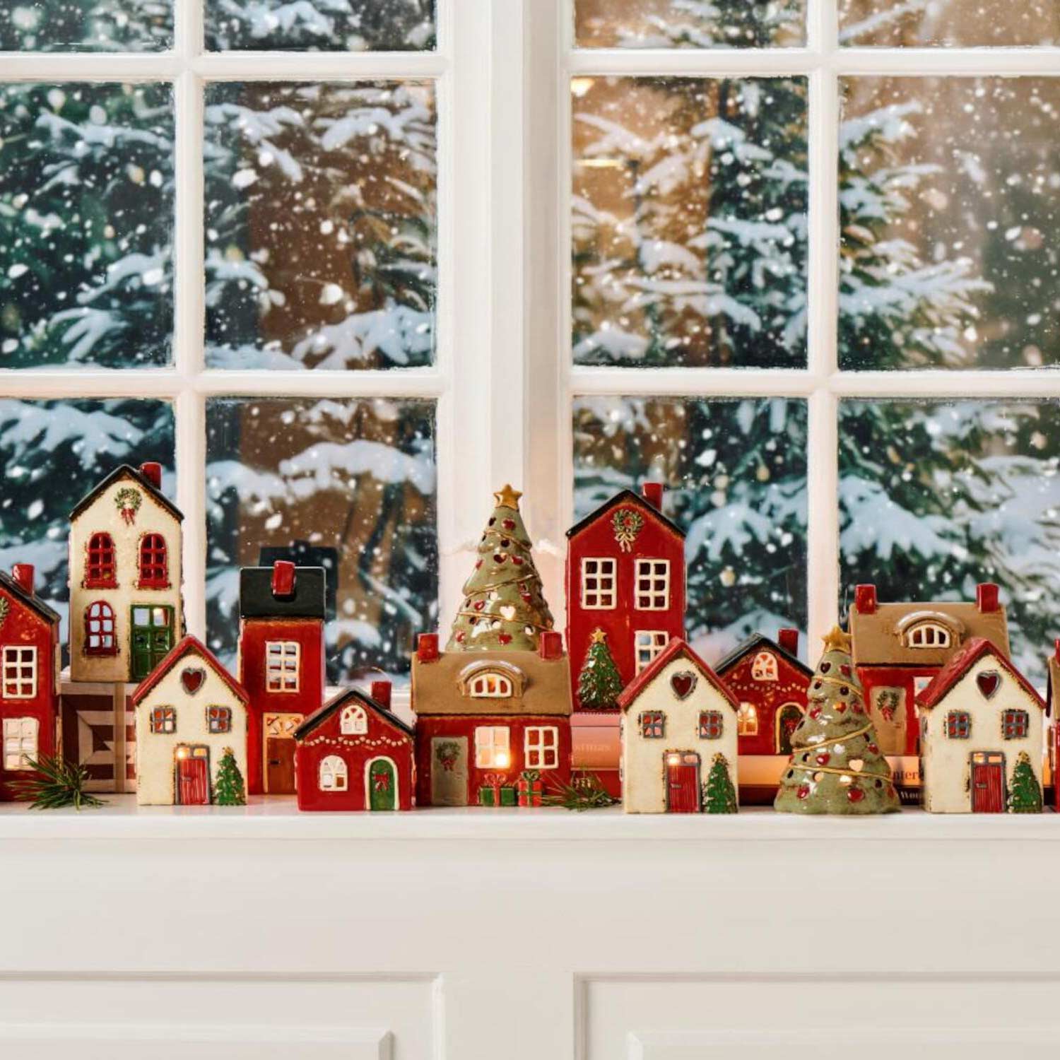 Ib Laursen Haus für Teelicht "Stillenat  - rotes Dach und Tannenbaum" - 9,7x7,3x14 cm (Beige/Rot/Grün) Ib Laursen