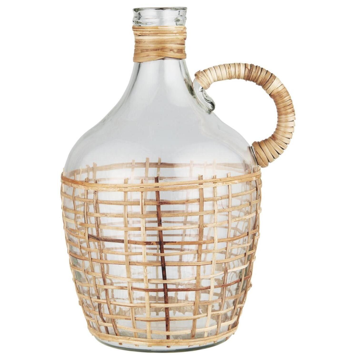 Glasflasche mit Rattangeflecht und Henkel - 13,5x24,5 cm (Transparent, Natur)