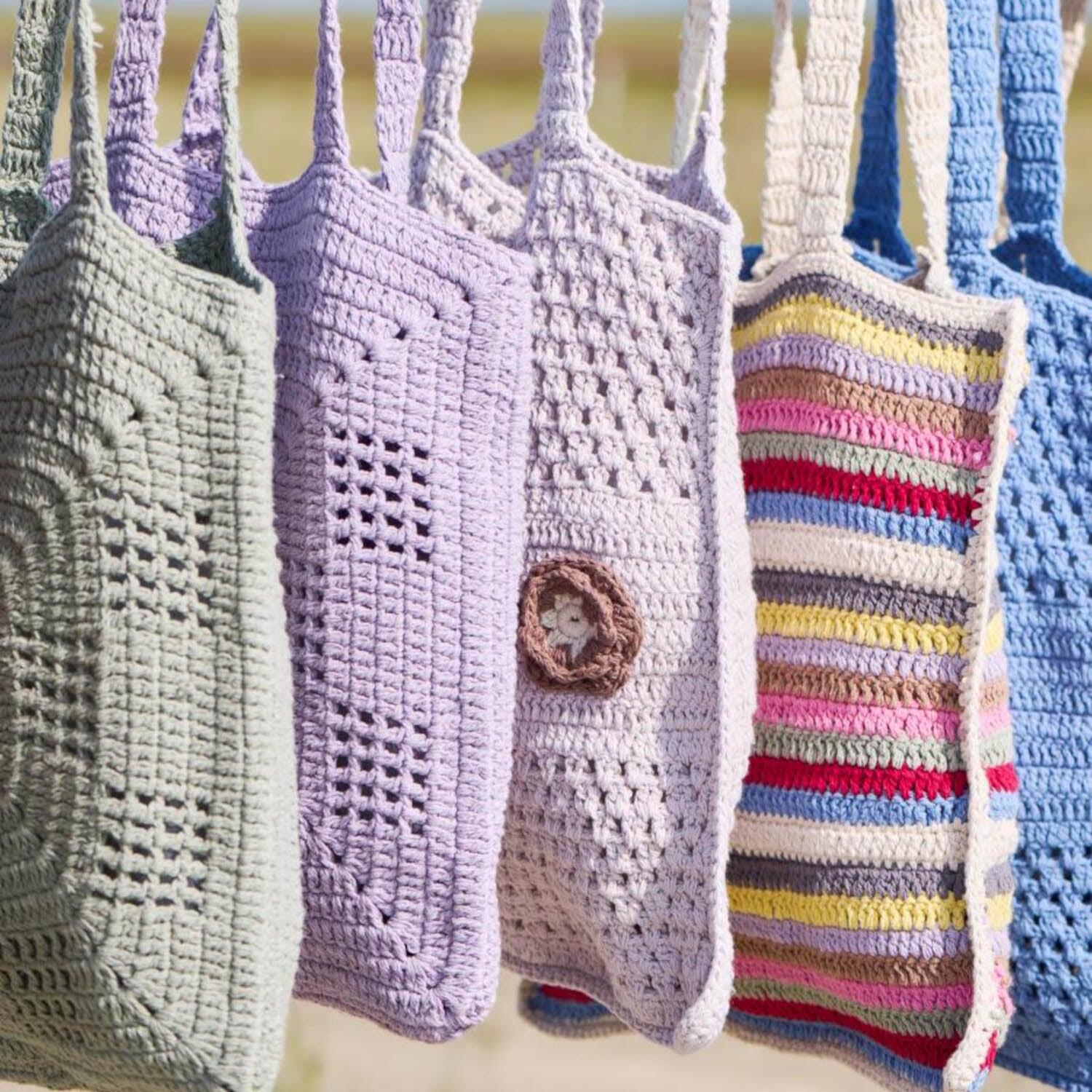 gehäkelte Tasche - 40x40 cm (Rosa/Braun/Natur)