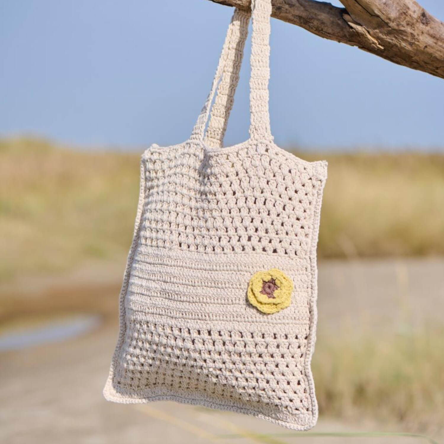 gehäkelte Tasche - 40x40 cm (Creme/Gelb/Braun)
