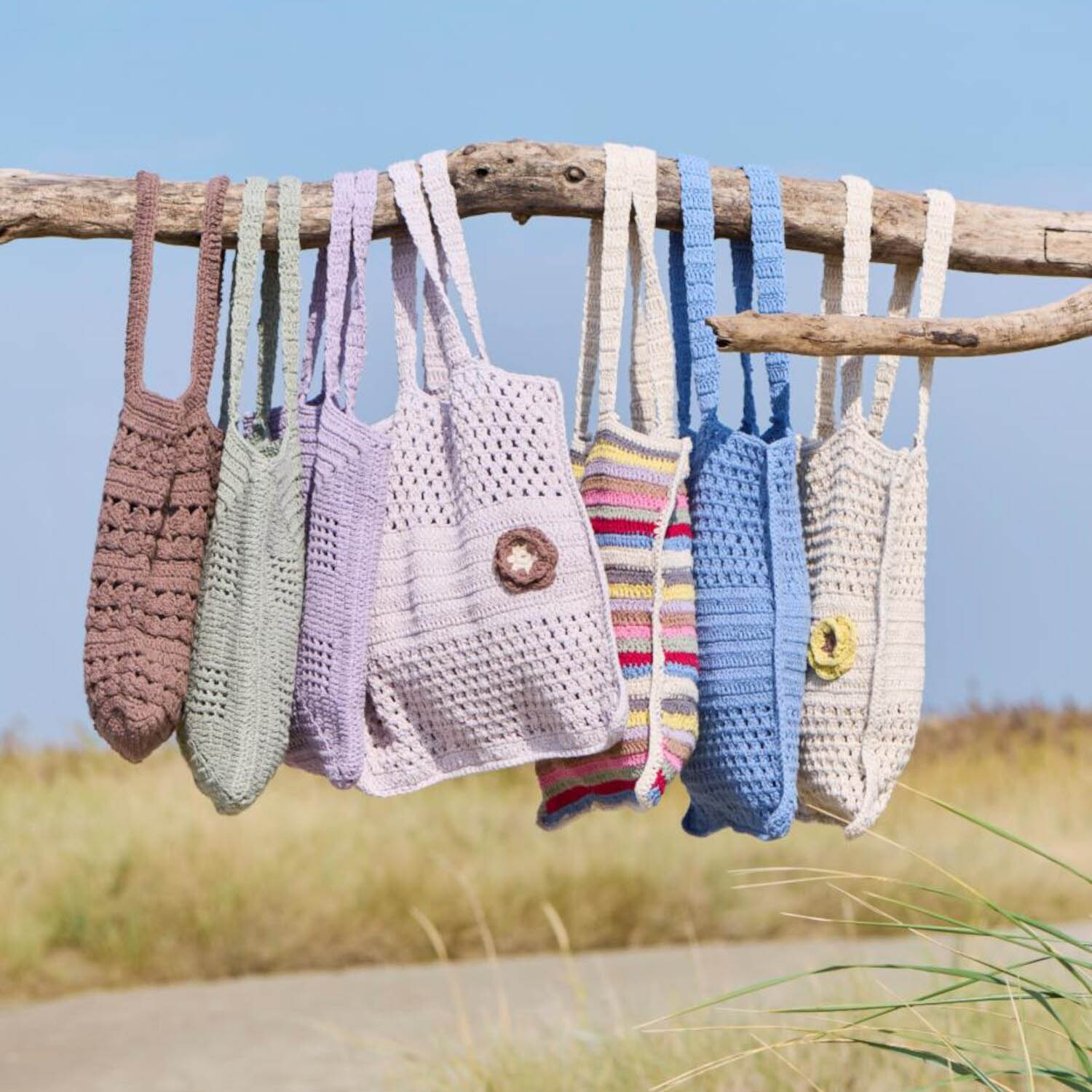 gehäkelte Tasche - 40x40 cm (Creme/Gelb/Braun)
