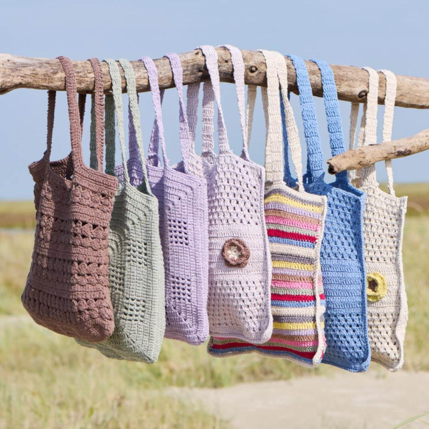 gehäkelte Tasche - 40x40 cm (Rosa/Braun/Natur)