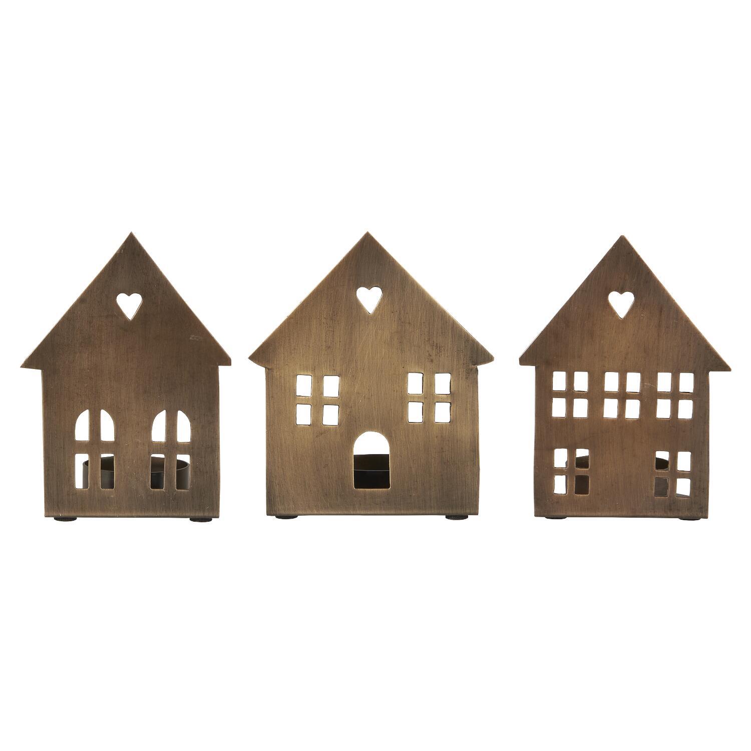 Kerzenhalter für Teelicht "Hausfassade" im 3er-Set (Messing)