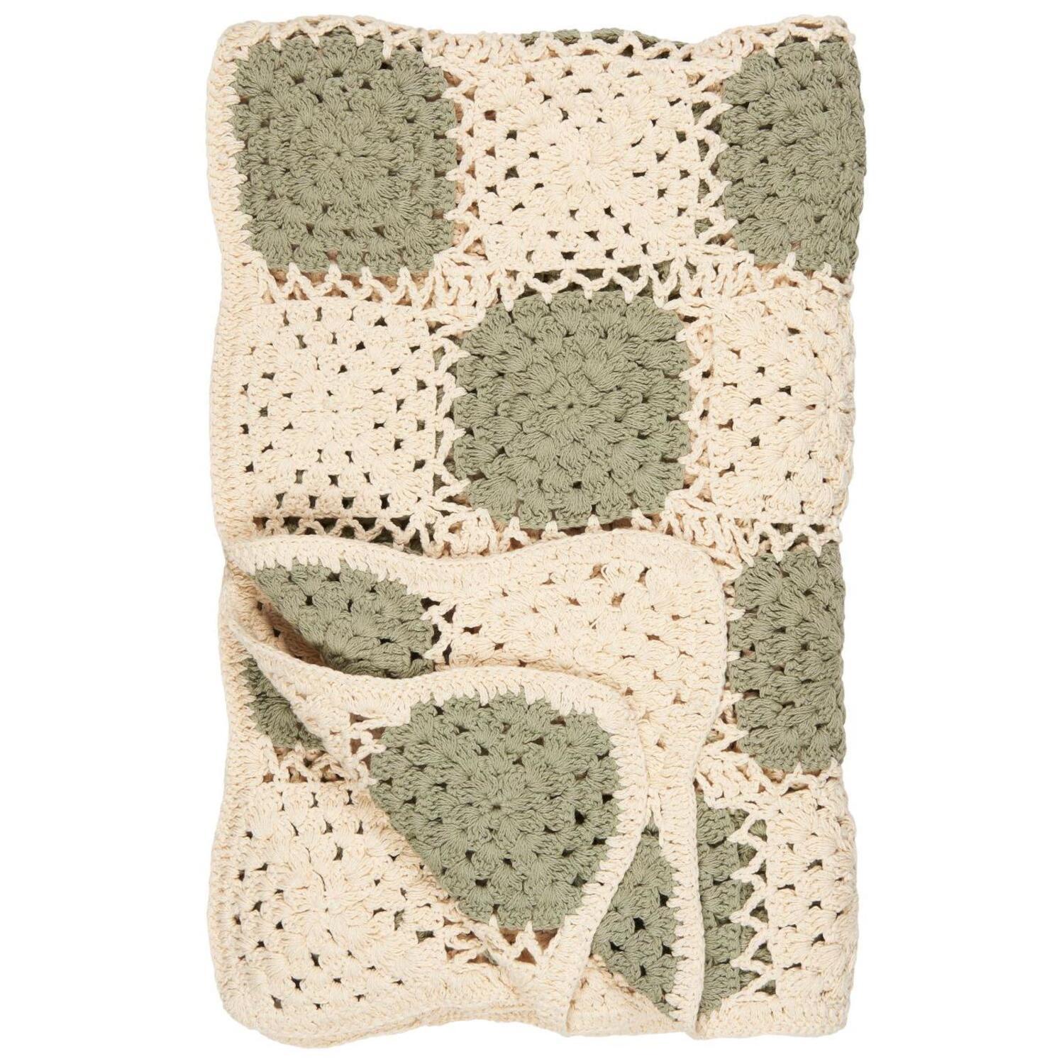 gehäkeltes Plaid - 130x170 cm (Creme/Grün)