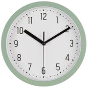 Wanduhr mit staubig-grünem Rahmen, weißem Ziffernblatt und schwarzen Zeigern