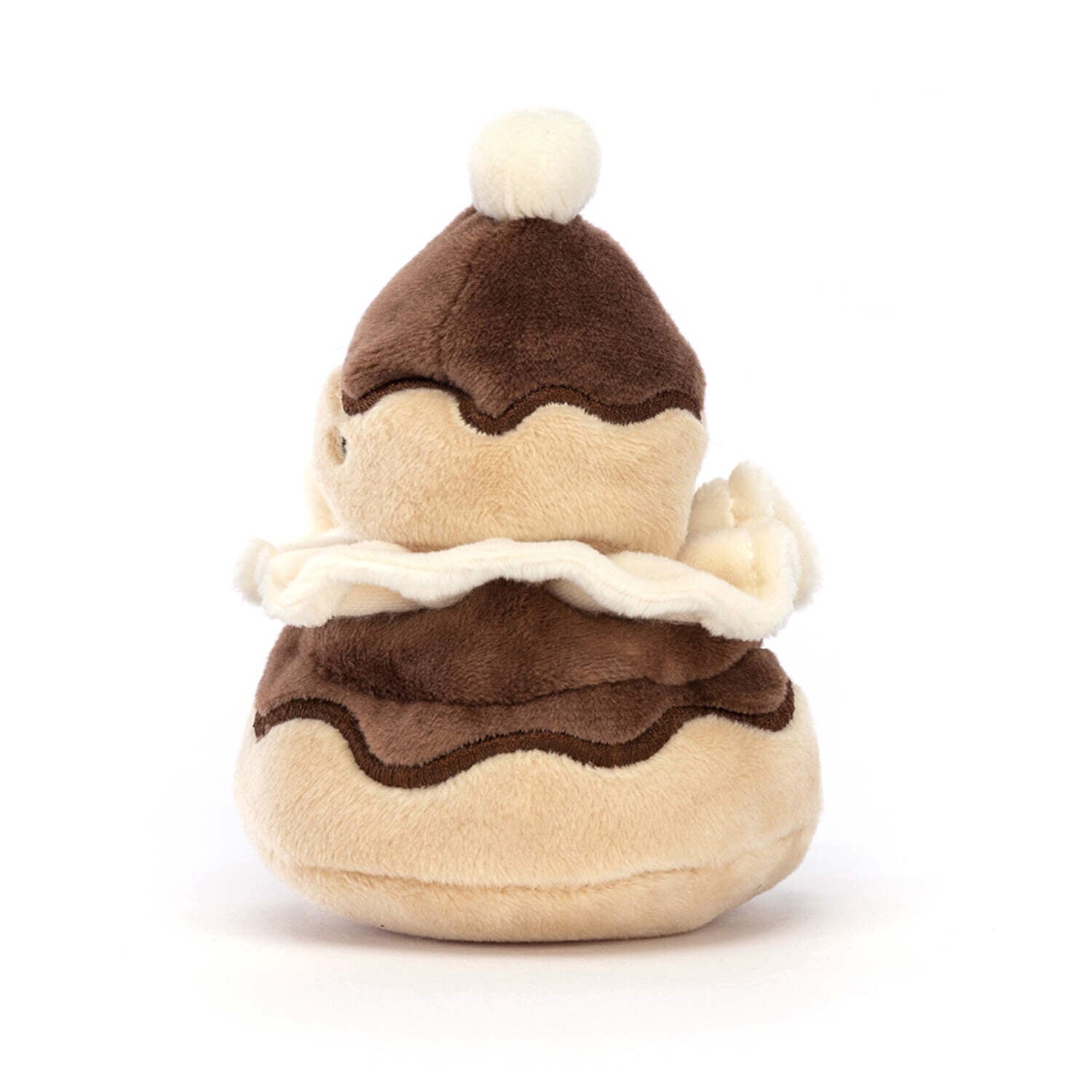 Kuscheltier Törtchen mit brauner Kuppel und cremefarbenem Körper, weißer Volant