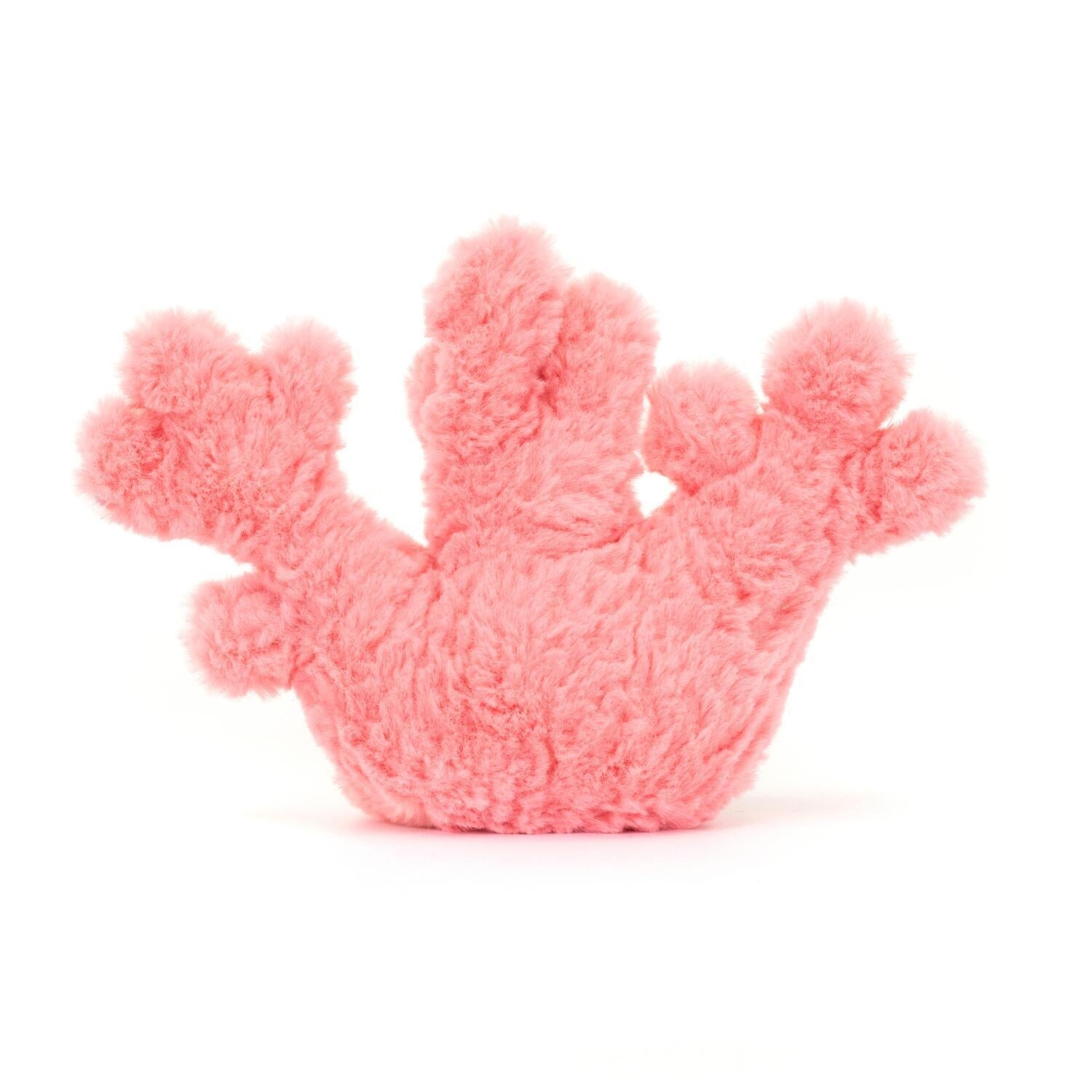 Kuscheltier Koralle aus rosa Plüsch, Ansicht von oben mit Armen und braunen Fußdetails