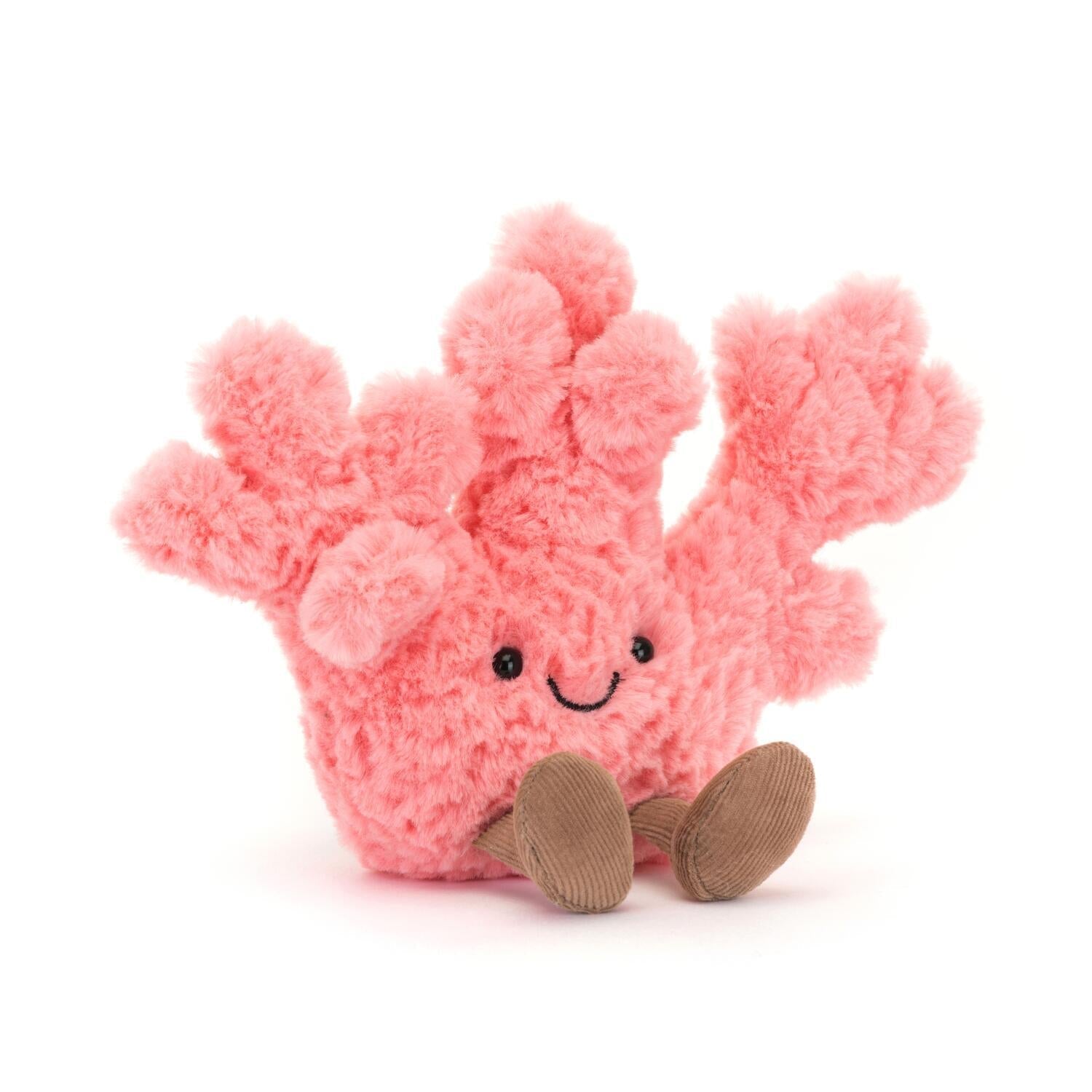 Kuscheltier Koralle aus rosa Plüsch mit lächelndem Gesicht, schwarzen Augen, braunen Beinen