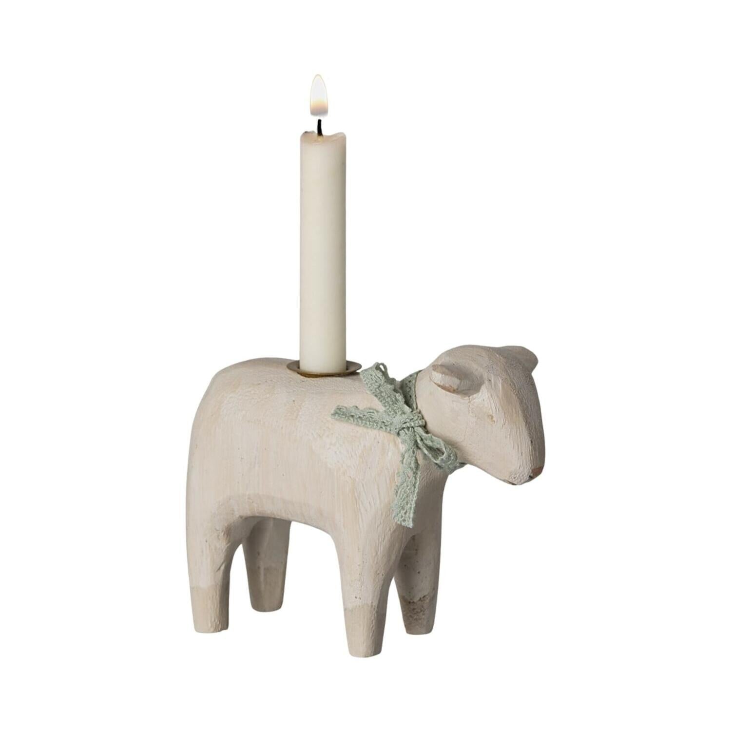Kerzenhalter Lammfigur mit aufgesetzter Kerze, goldener Halterung und mintfarbenem Band