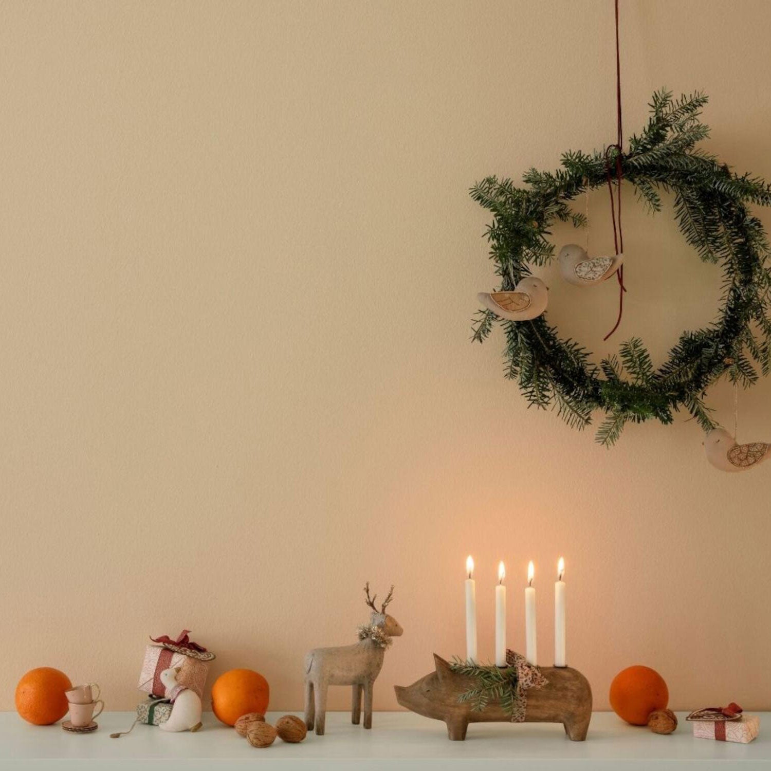 Kerzenständer aus Holz "Adventsschwein" (Natur)