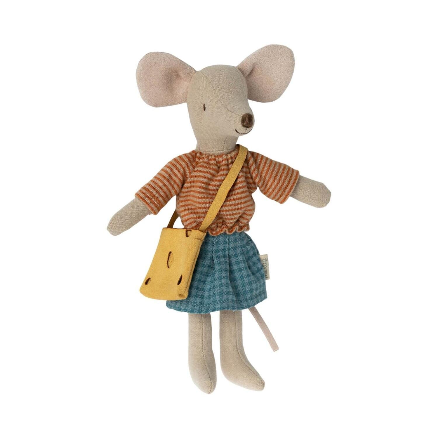 Stofftier-Maus mit gestreiftem Pullover, kariertem Rock und Schultertasche aus Filz