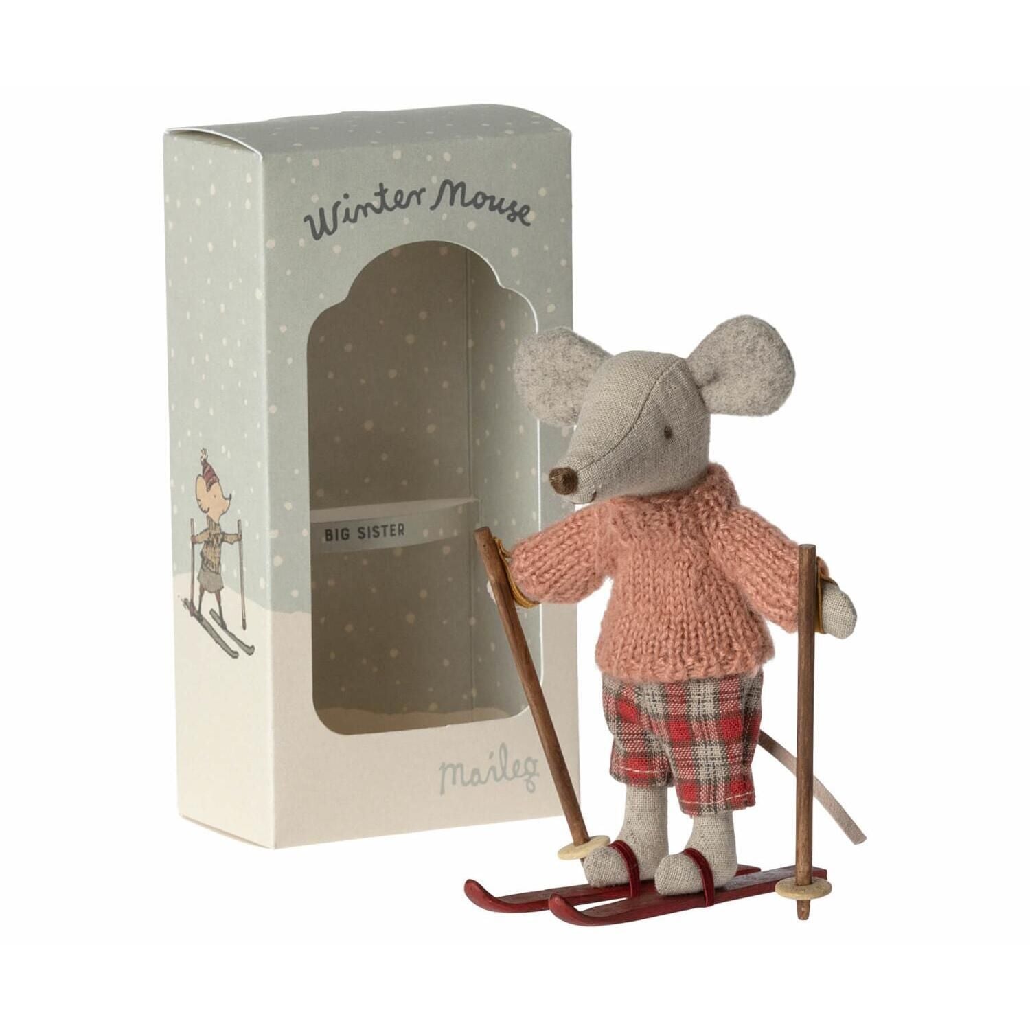 Wintermaus mit Ski - Große Schwester (Rot) Maileg