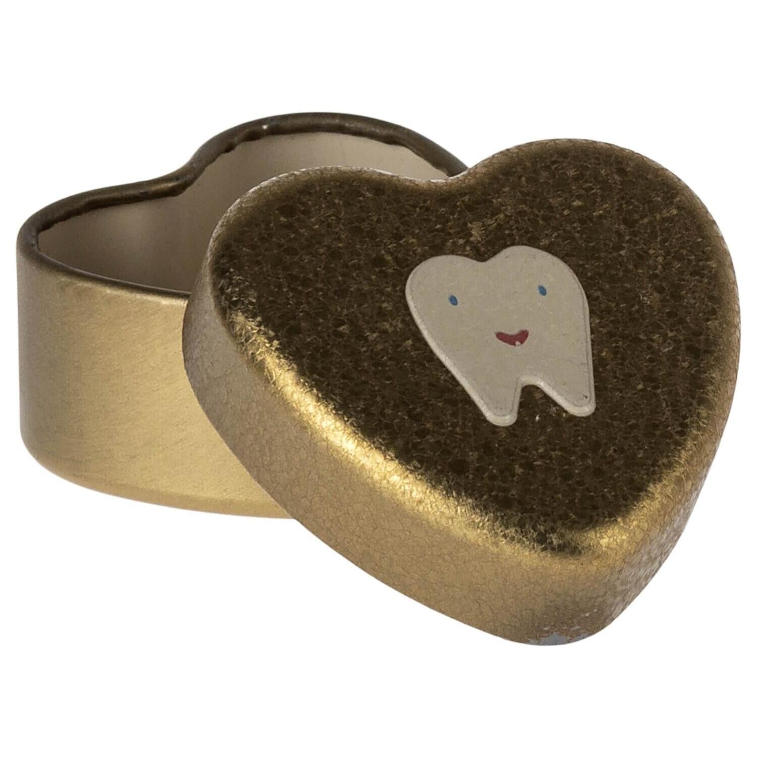 Kleine Zahndose in Herzform, goldfarben, mit geöffnetem Deckel und Zahnmotiv