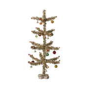 Künstlicher Weihnachtsbaum mit goldfarbenem Glitzer, roten und grünen Kugeln, Standfuß