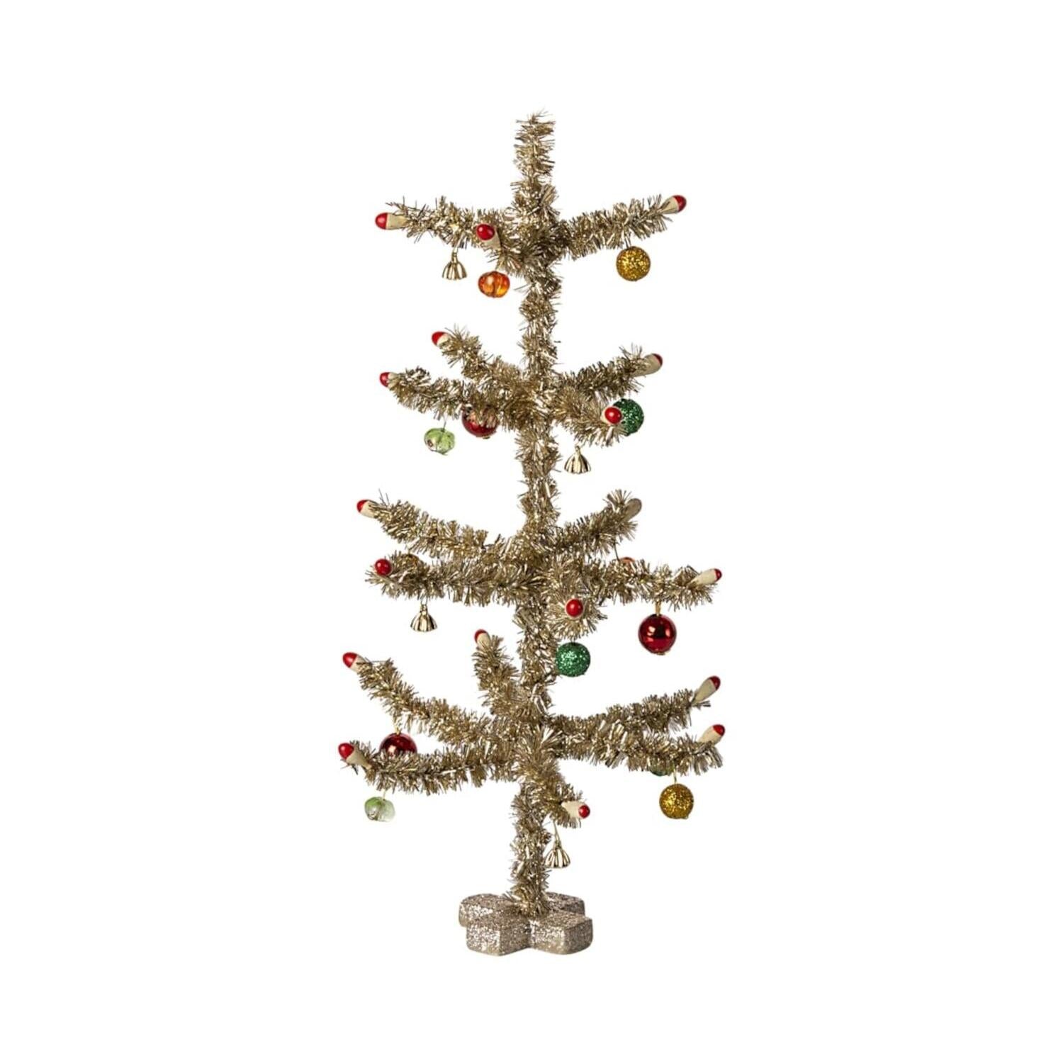Künstlicher Weihnachtsbaum mit goldfarbenem Glitzer, roten und grünen Kugeln, Standfuß