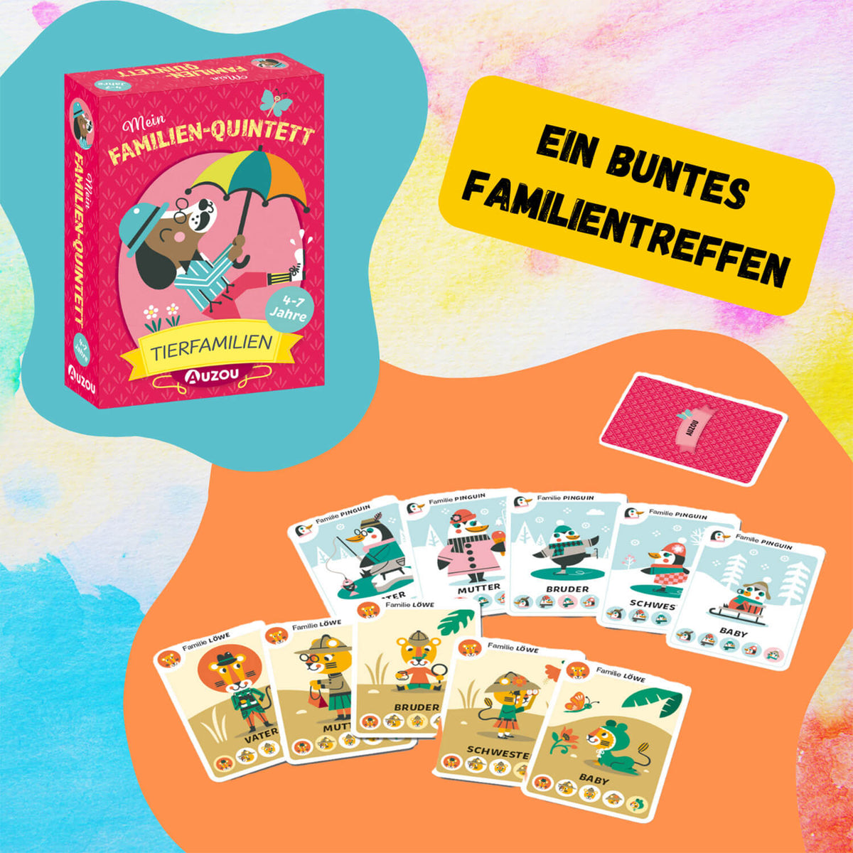 Familien-Quintett Kartenspiel „Tierfamilien“: Schachtel und Tierkarten aufgedeckt