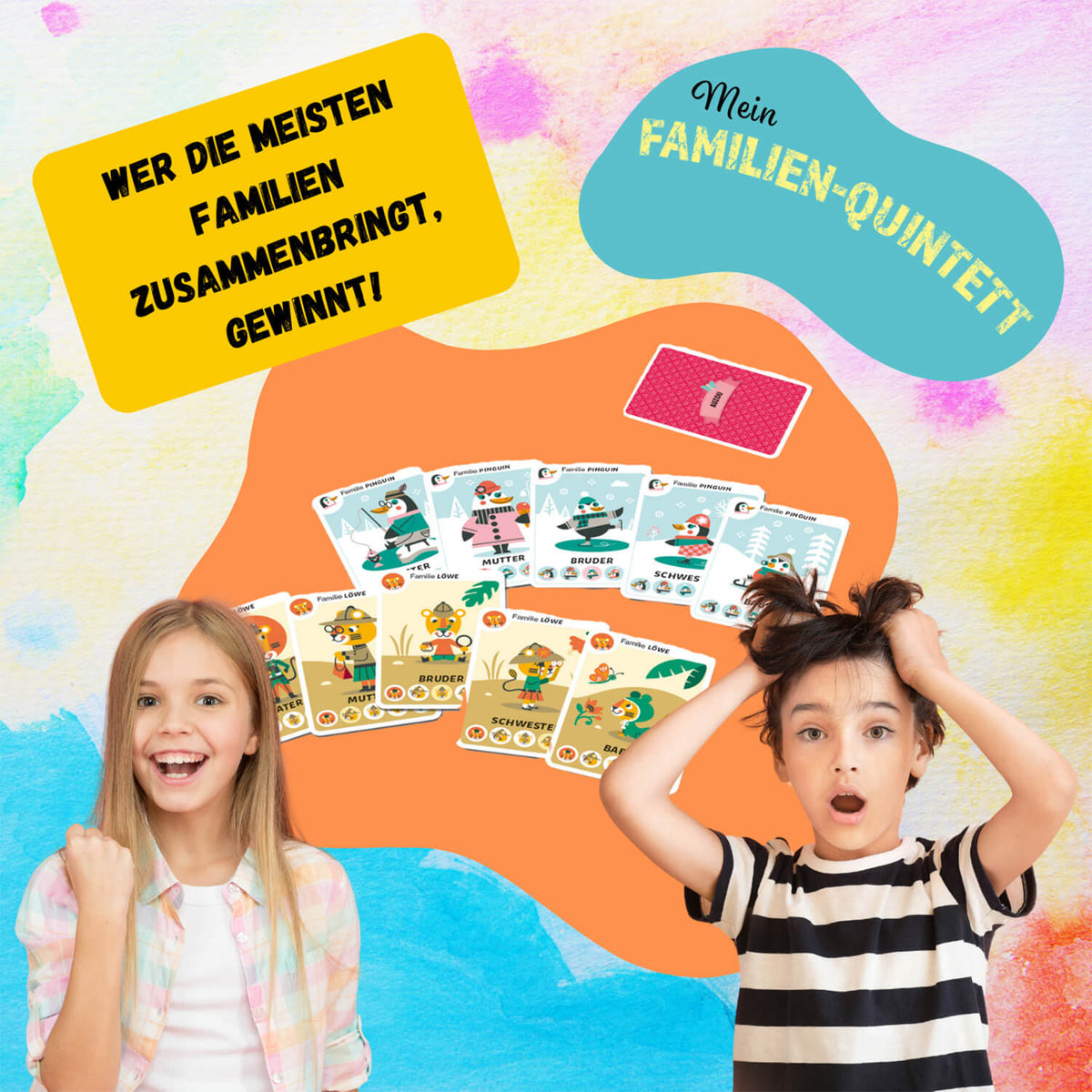 Familien-Quintett Tierfamilien Kartenspiel mit Tierkarten und zwei spielenden Kindern