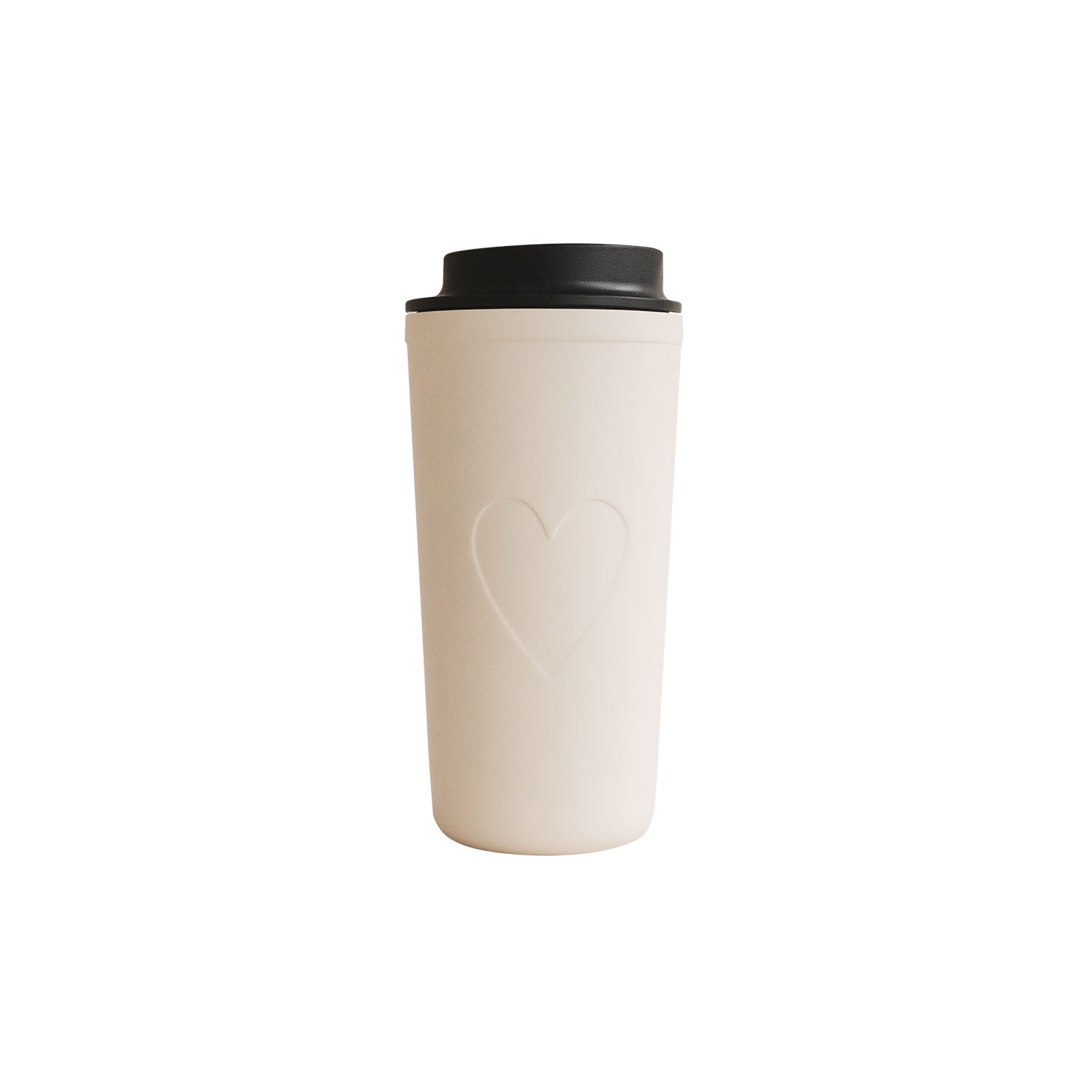 Cremefarbener To-go-Becher mit schwarzem Deckel und eingepresstem Herz