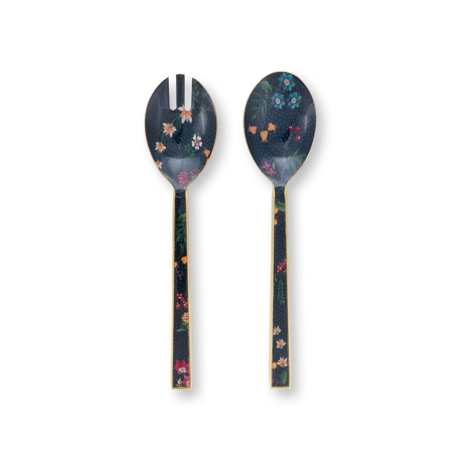 Salatbesteck im 2er-Set: zwei Servierlöffel mit Blumenmuster, blau, goldene Griffe