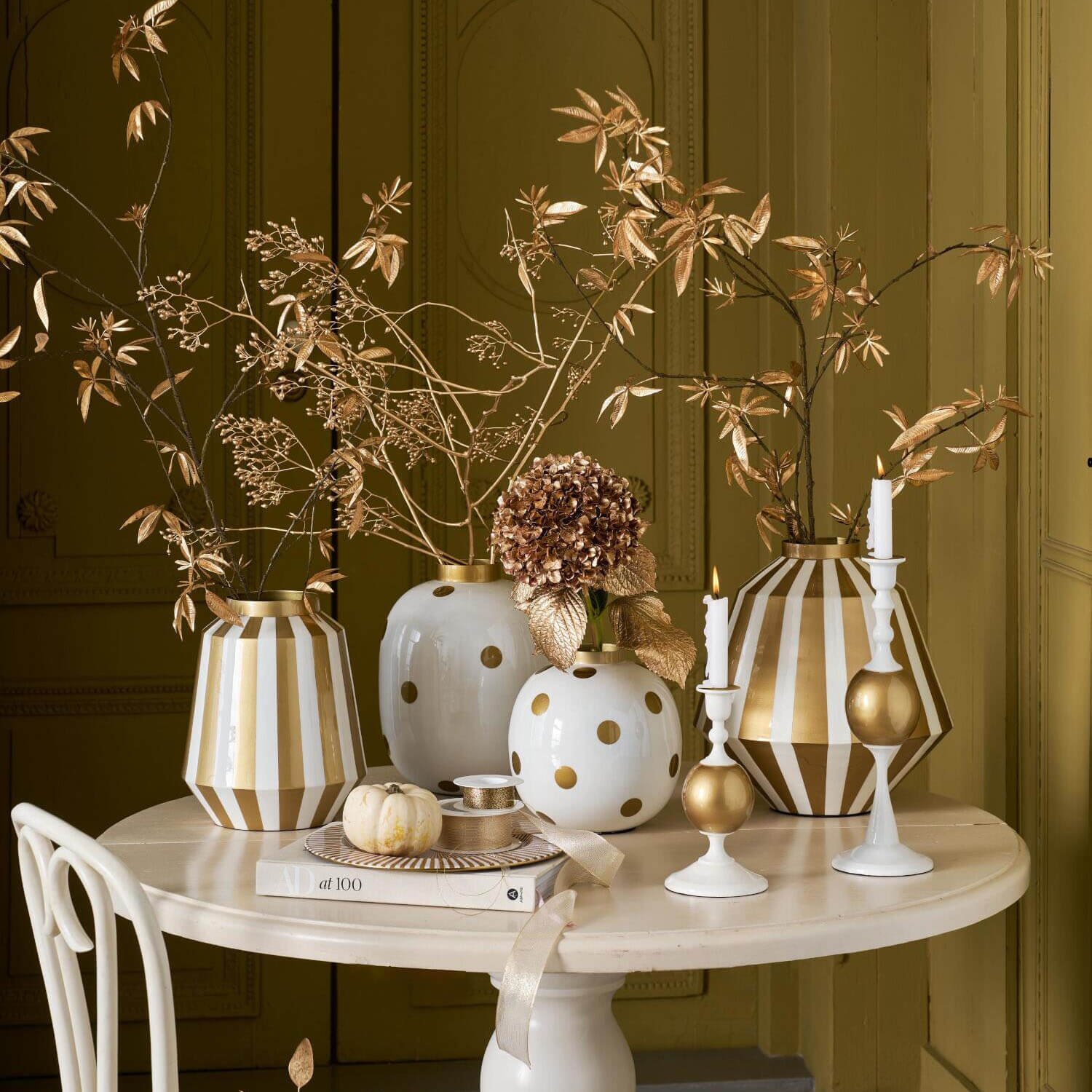 Vase "Stripes"- 35 cm (Weiß/Gold)