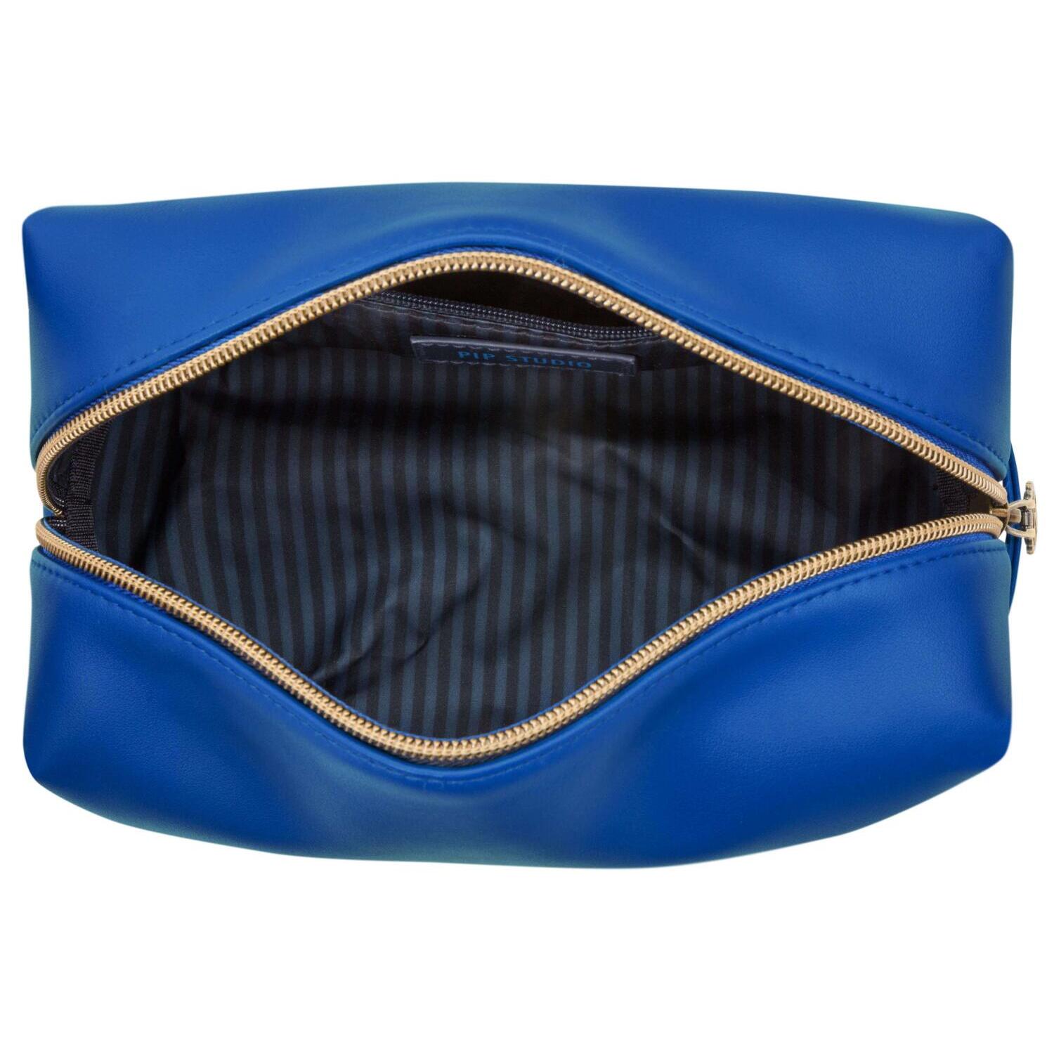 Kosmetiktasche in Blau (L) geöffnet, gestreiftes Innenfutter, goldfarbener Reißverschluss