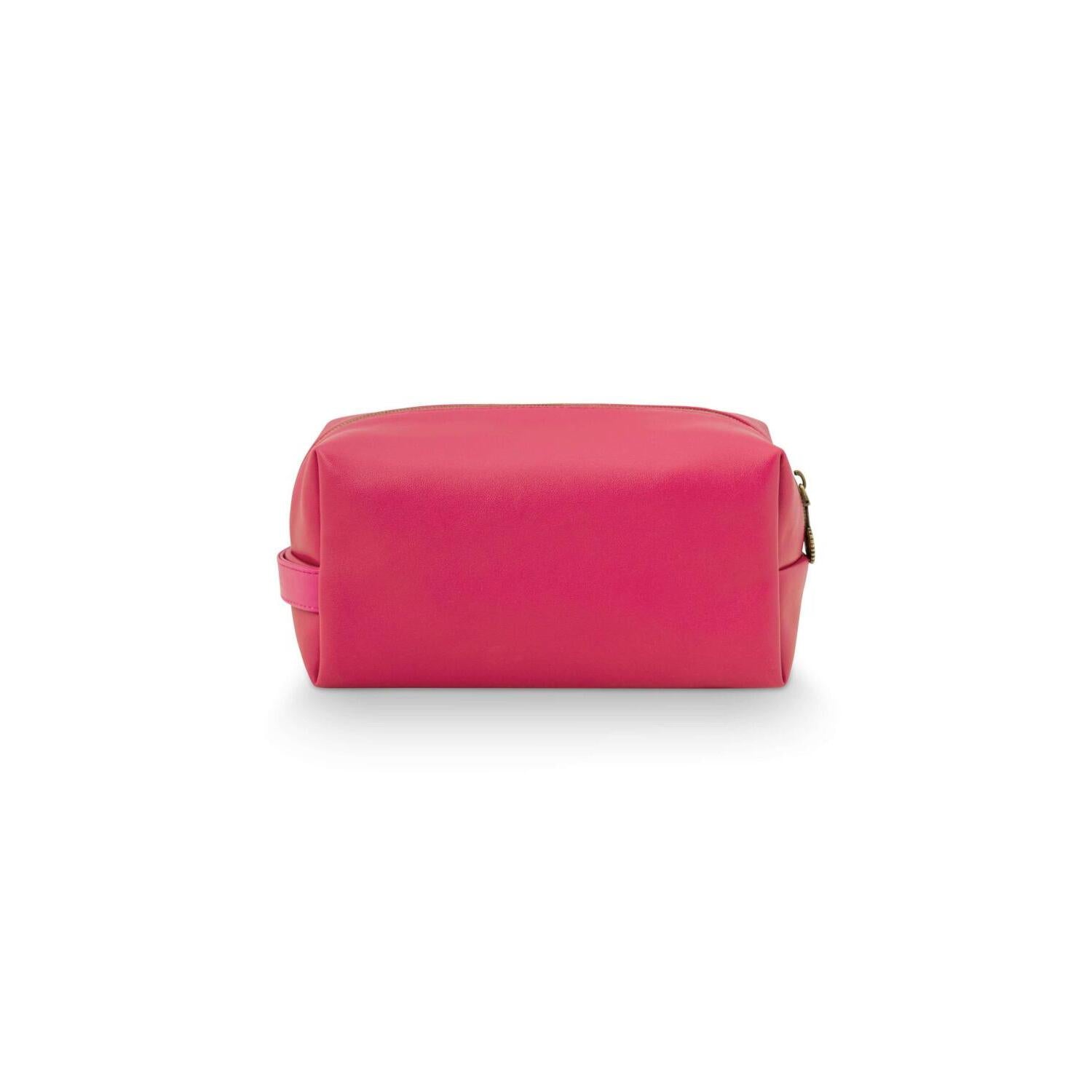 Kosmetiktasche in Pink mit seitlichen Griffen und Reißverschluss.