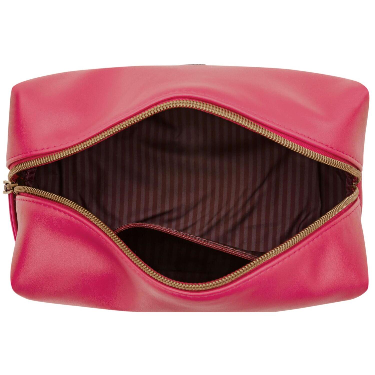 Kosmetiktasche in Pink, geöffnetes Fach mit Innenfutter und Reißverschluss.
