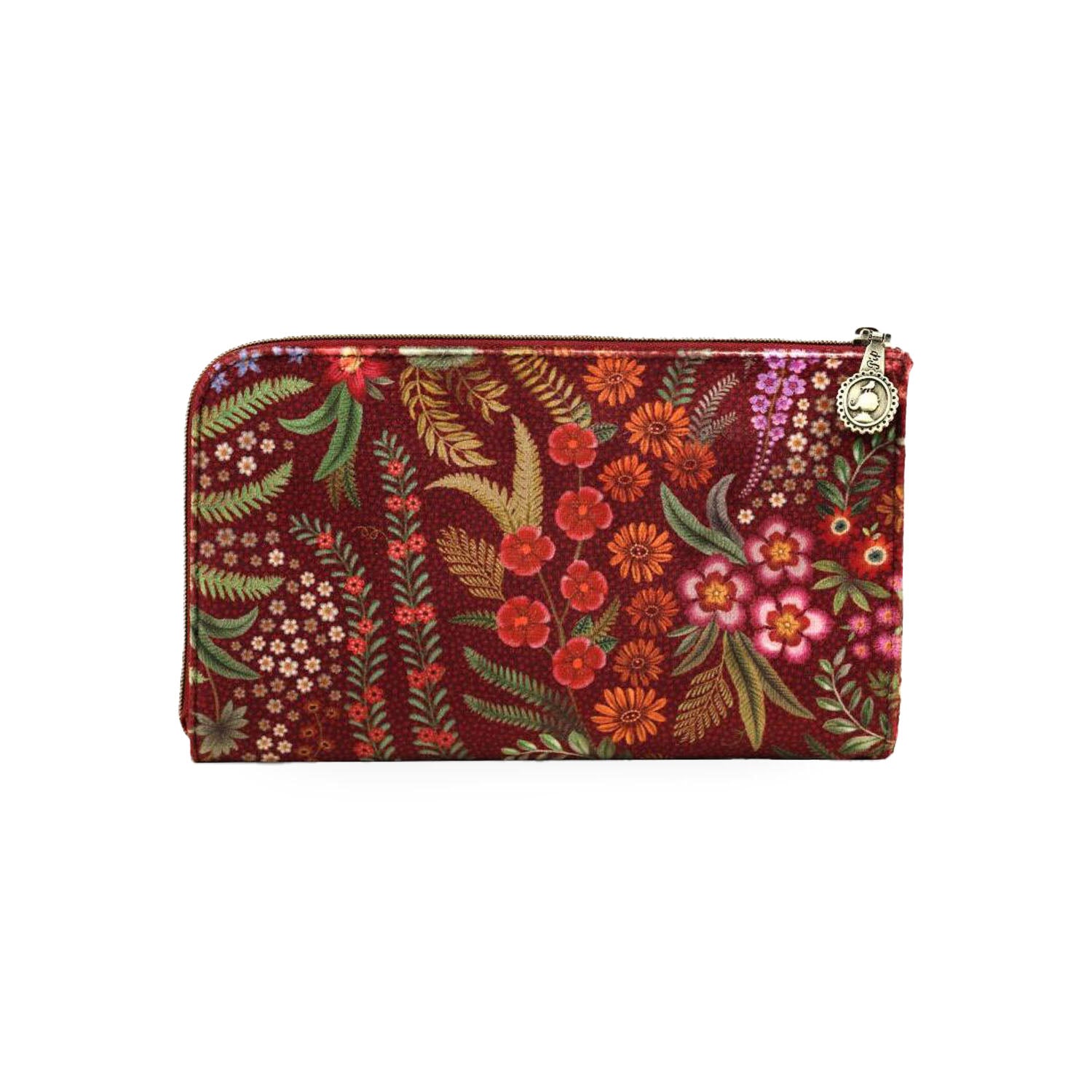 Kosmetiktasche mit Reißverschluss, bordeauxfarbenes Blumenmuster und silberfarbene Einfassung.