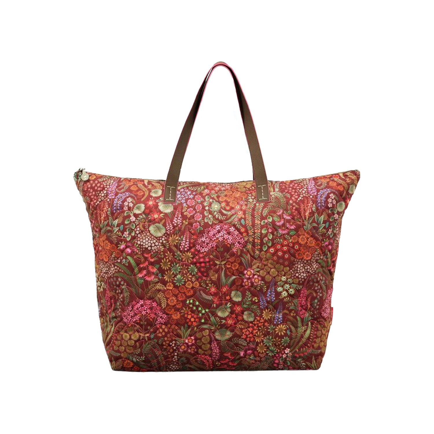 Blumige rote Tragetasche mit breiten Henkeln und buntem Muster, Stoff
