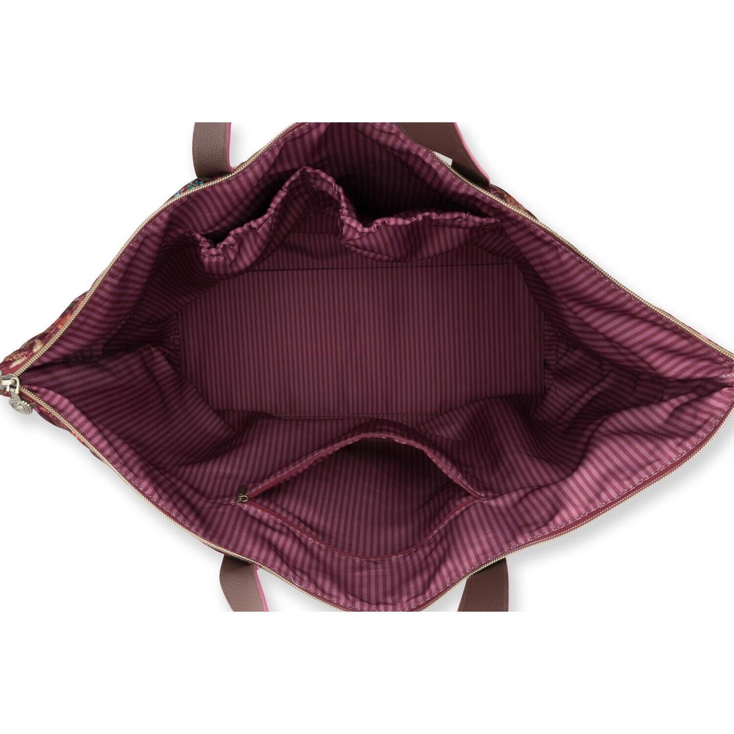 Innenfutter einer Tragetasche: gefüttertes, geripptes Burgunder-Lining mit Taschen