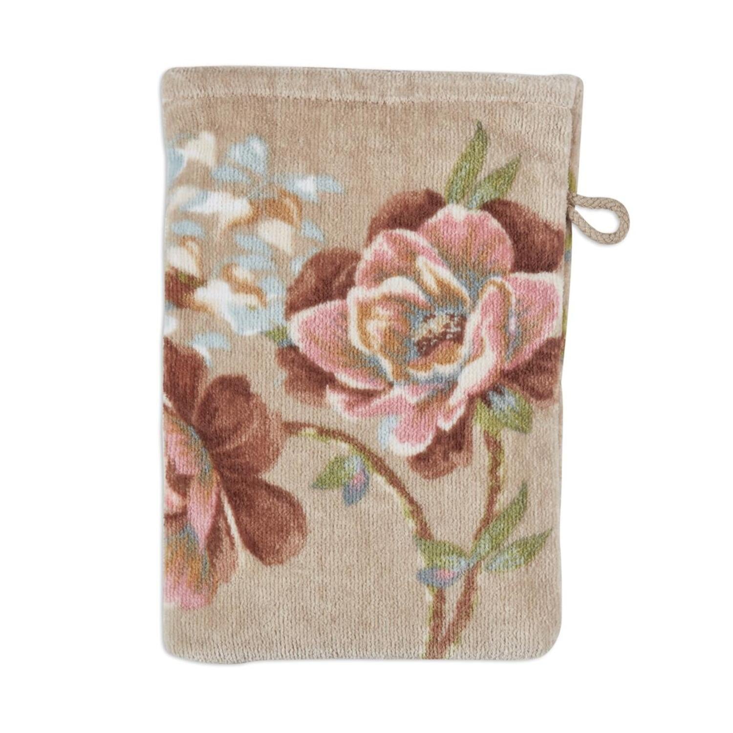 Waschlappen mit floralem Design, beiger Untergrund und Schlaufe am Rand, ca. 16x22 cm
