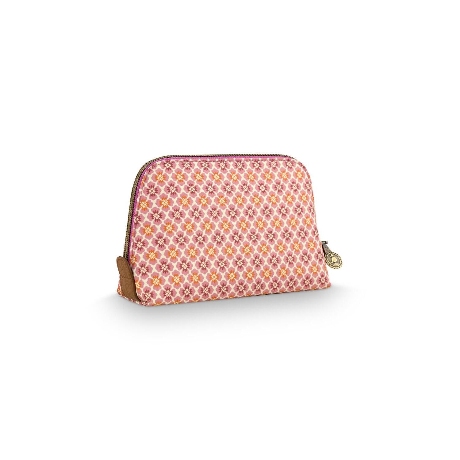 Kosmetiktasche S Coby mit rosa Ornamentmuster, abgerundete Form, goldfarbene Reißverschlusszunge