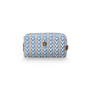 Kosmetiktasche Coco (M) mit Reißverschluss, blau-weißes Zickzack, braune Kanten