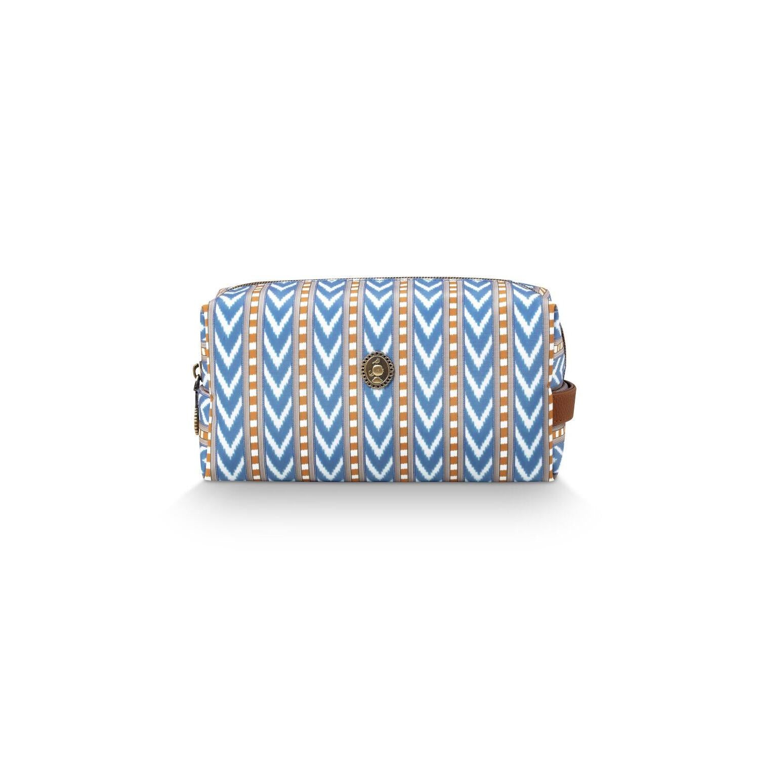 Kosmetiktasche Coco (M) mit Reißverschluss, blau-weißes Zickzack, braune Kanten