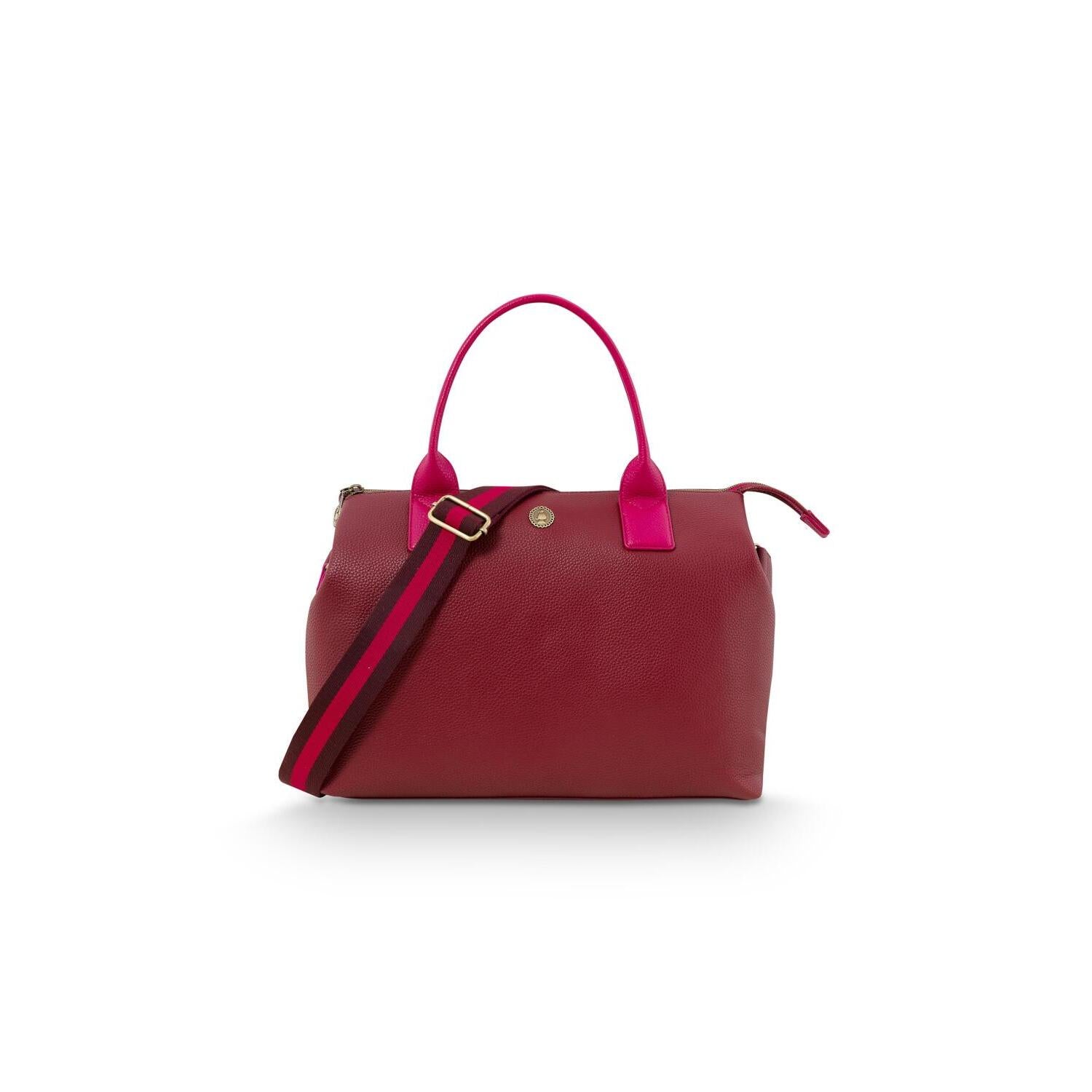 Handtasche L in Bordeaux mit pinken Griffen und verstellbarem Umhängeriemen